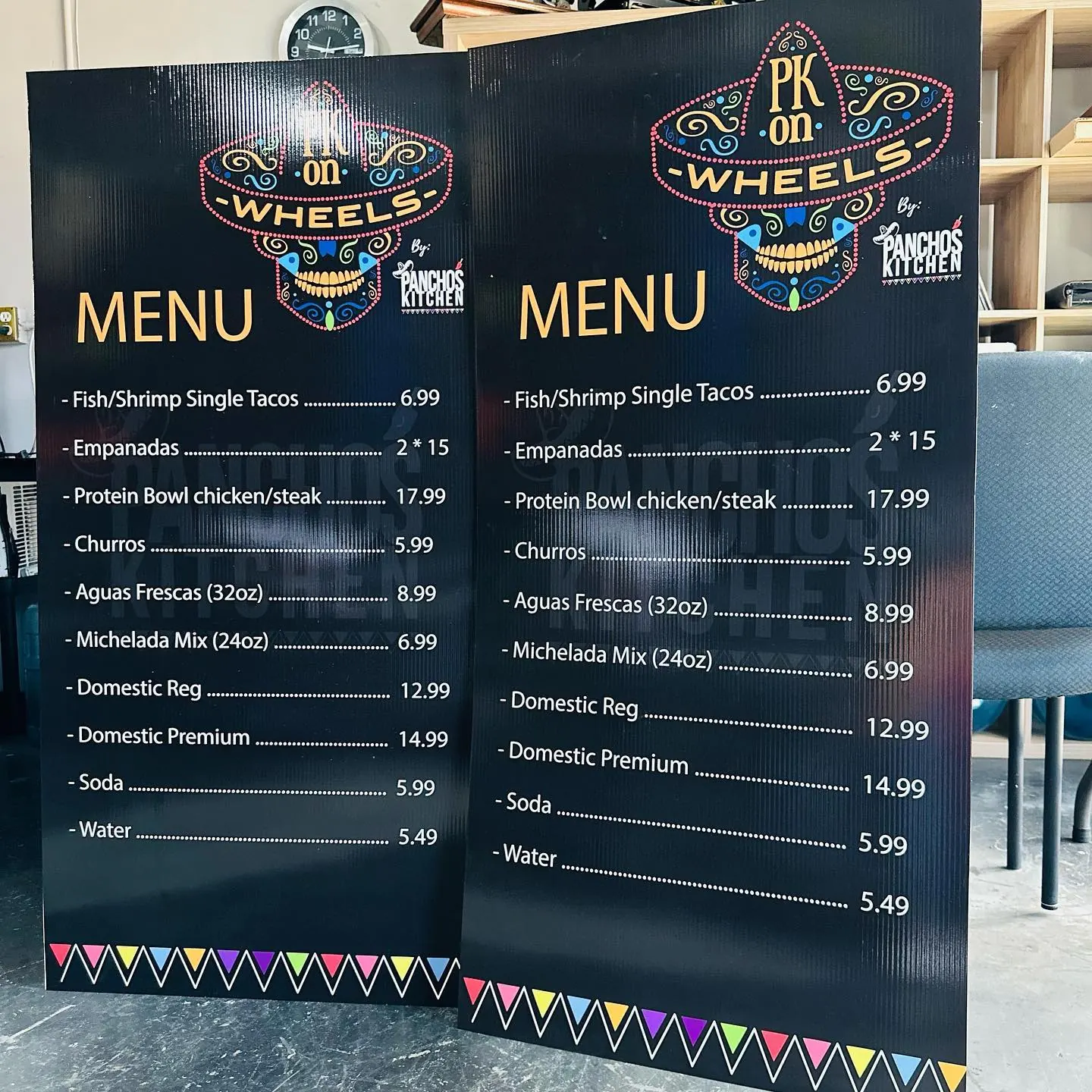PK on Wheels by Pancho's Kitchen - full-color printed menu boards with festive papel picado artwork for a Las Vegas Mexican food truck