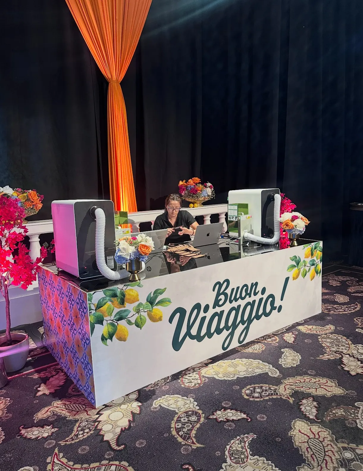 Italian-themed Las Vegas activation booth with custom-printed graphics