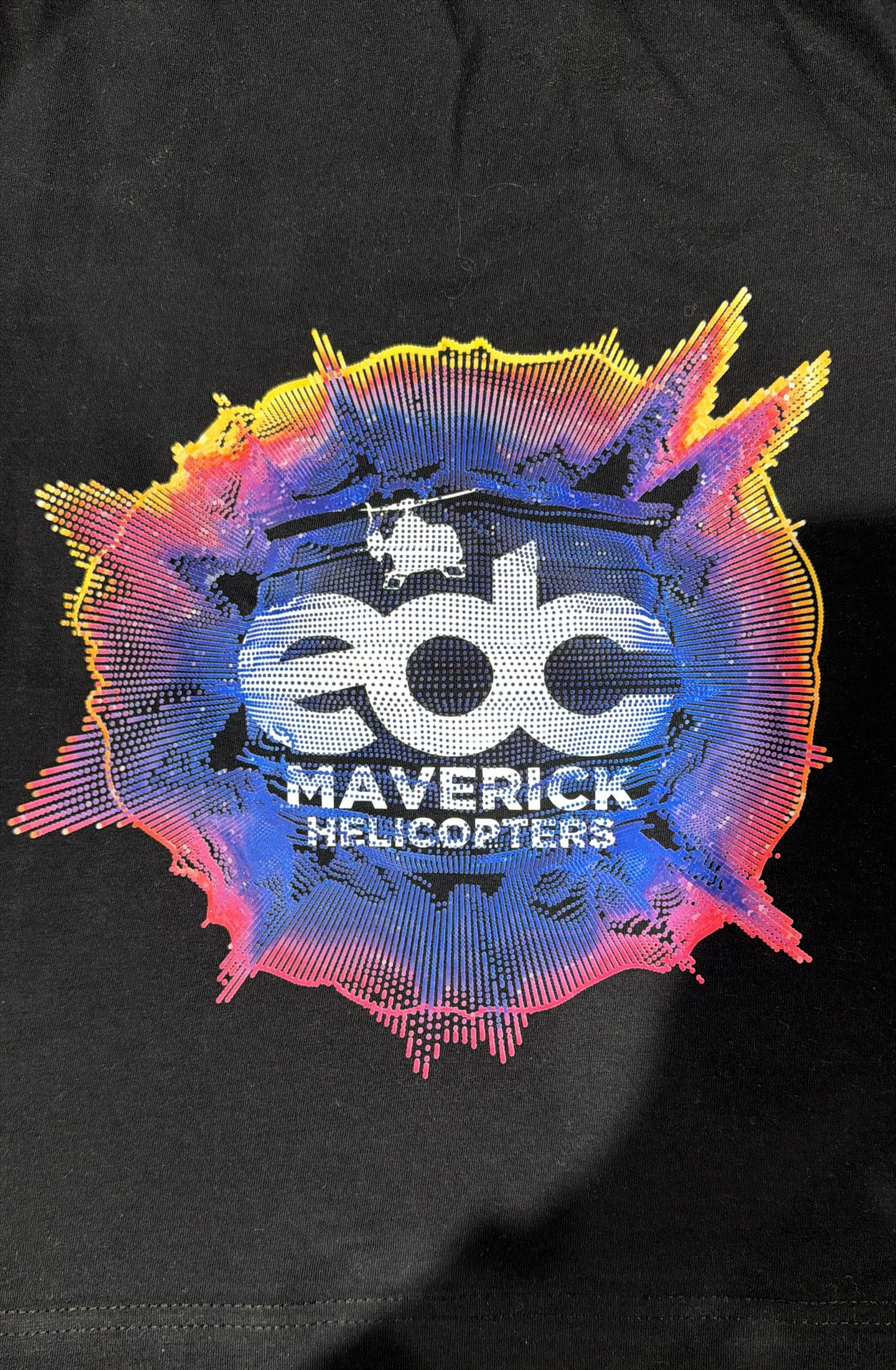 EDC x Maverick Helicopters screen-printed event tee with halftone splatter graphic