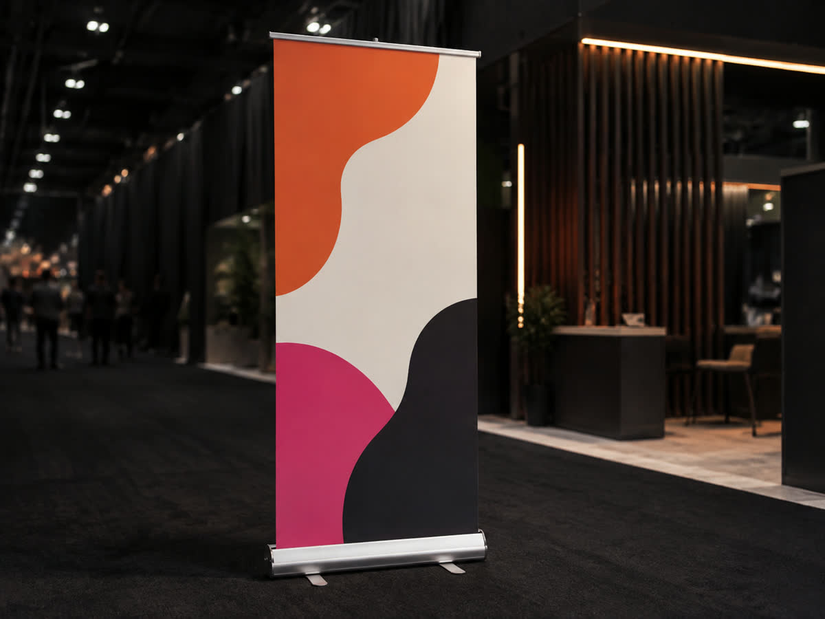 Custom printed retractable banner stand in a convention hall, representative product image
