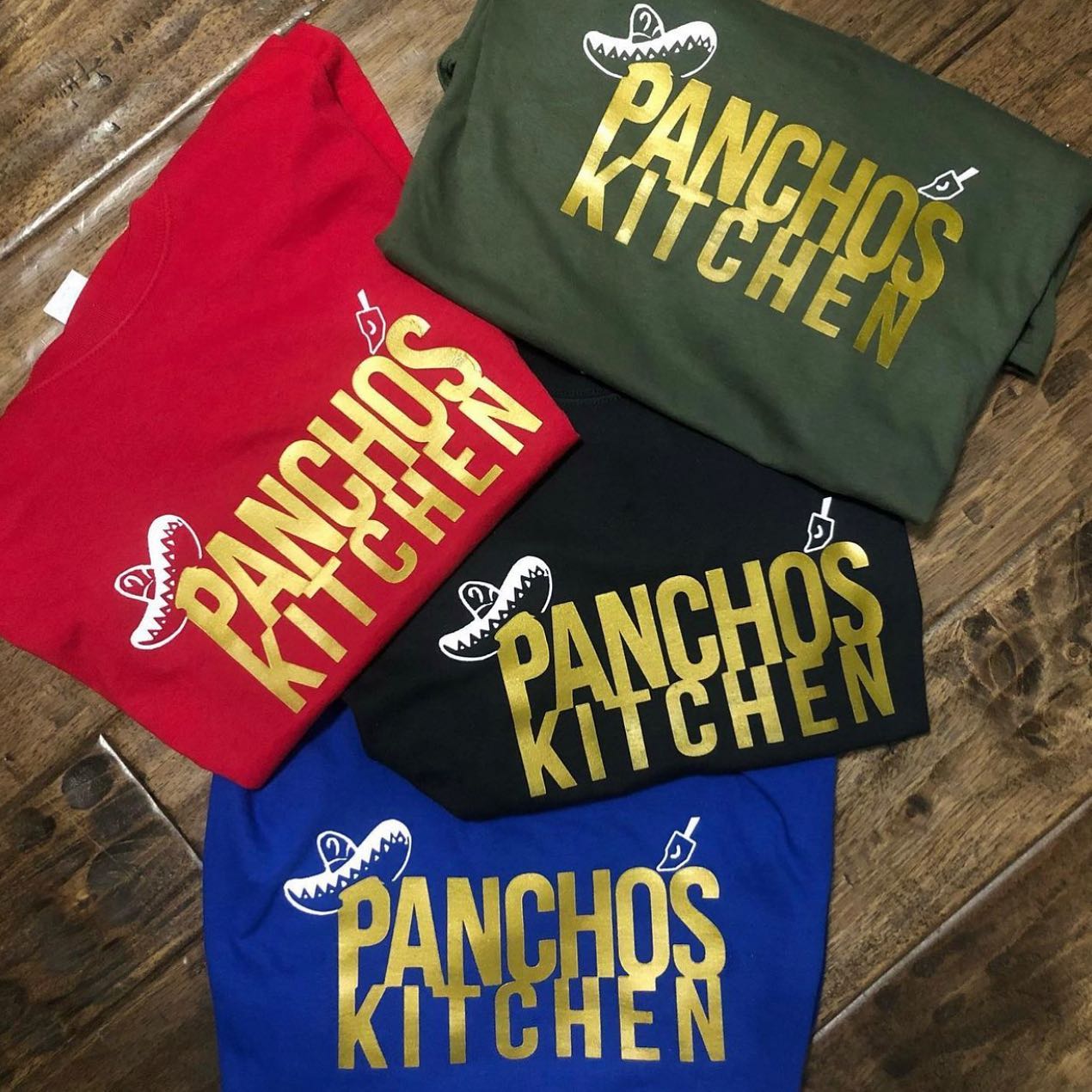 Panchos Kitchen - metallic gold screen-printed staff tees on red, olive, navy, and royal blue cotton for a Las Vegas Mexican restaurant