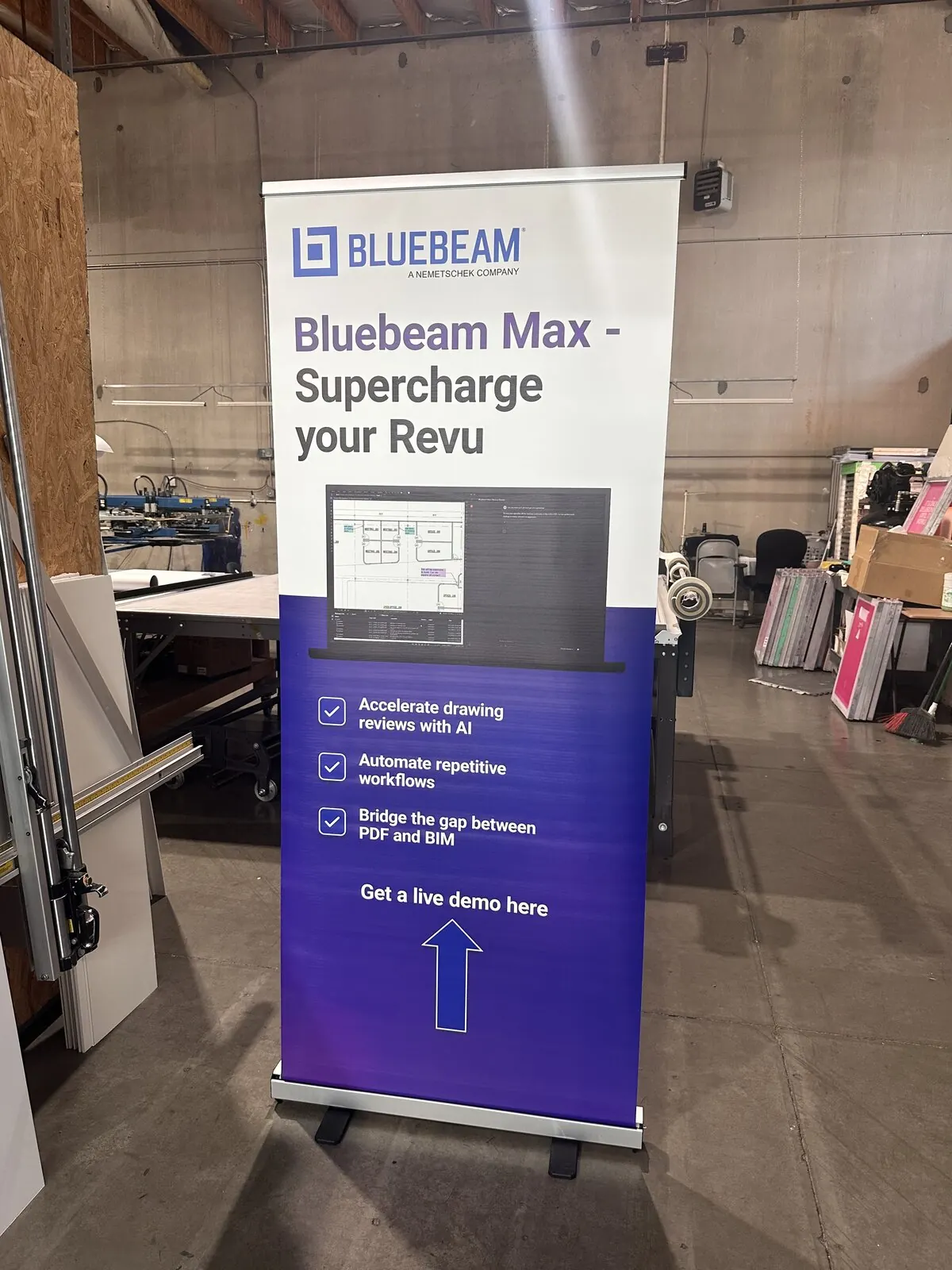 Custom retractable banner stand for Bluebeam ready for a convention or sales presentation