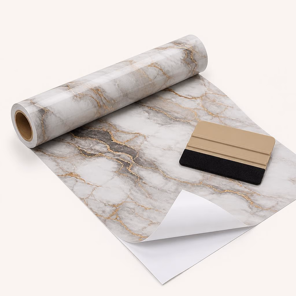 Roll of printed adhesive vinyl partially unrolled with an application squeegee, product photo