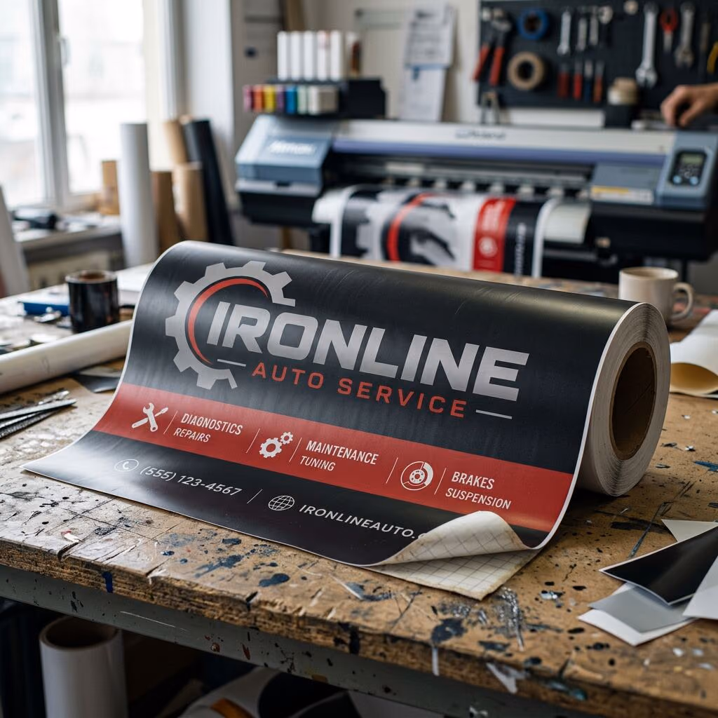 Roll of printed adhesive vinyl partially unrolled with an application squeegee, product photo