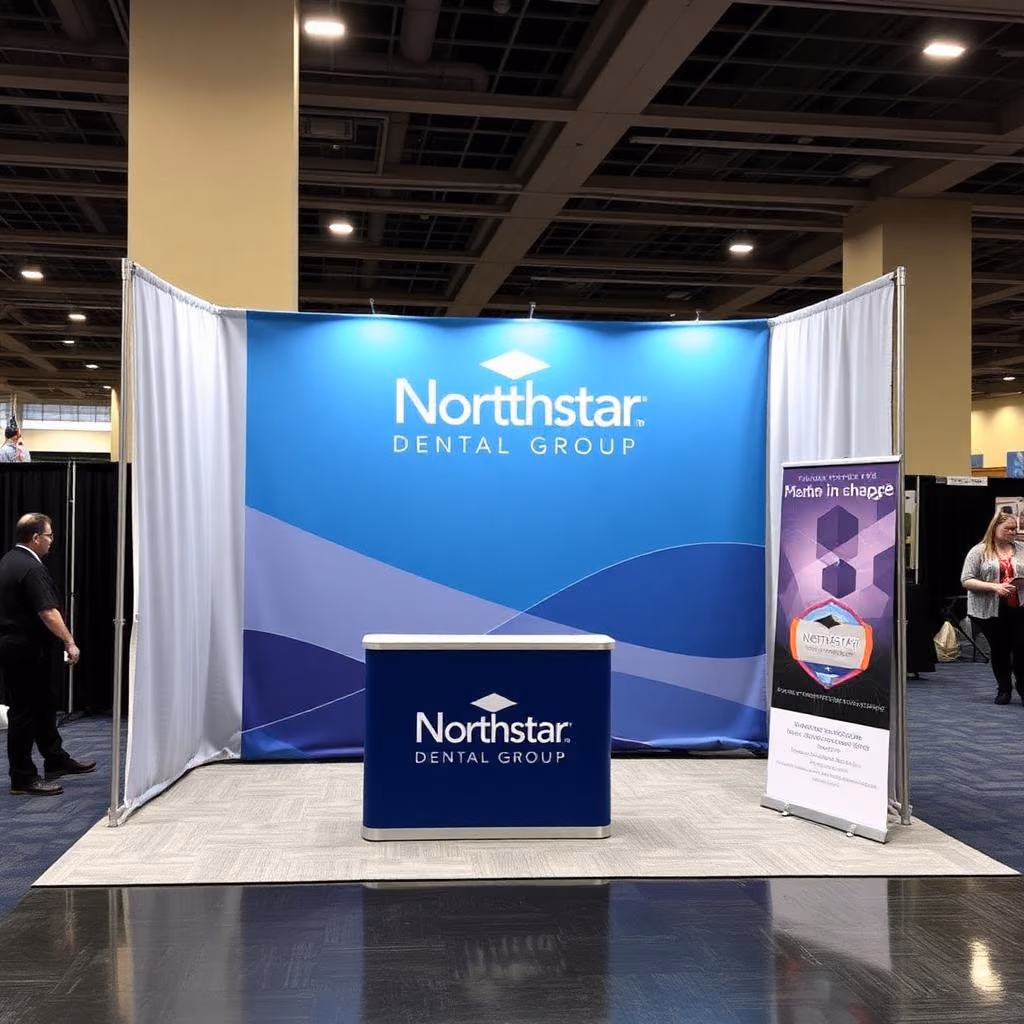 10 ft x 10 ft trade show booth kit with printed fabric back wall, counter and banner stand