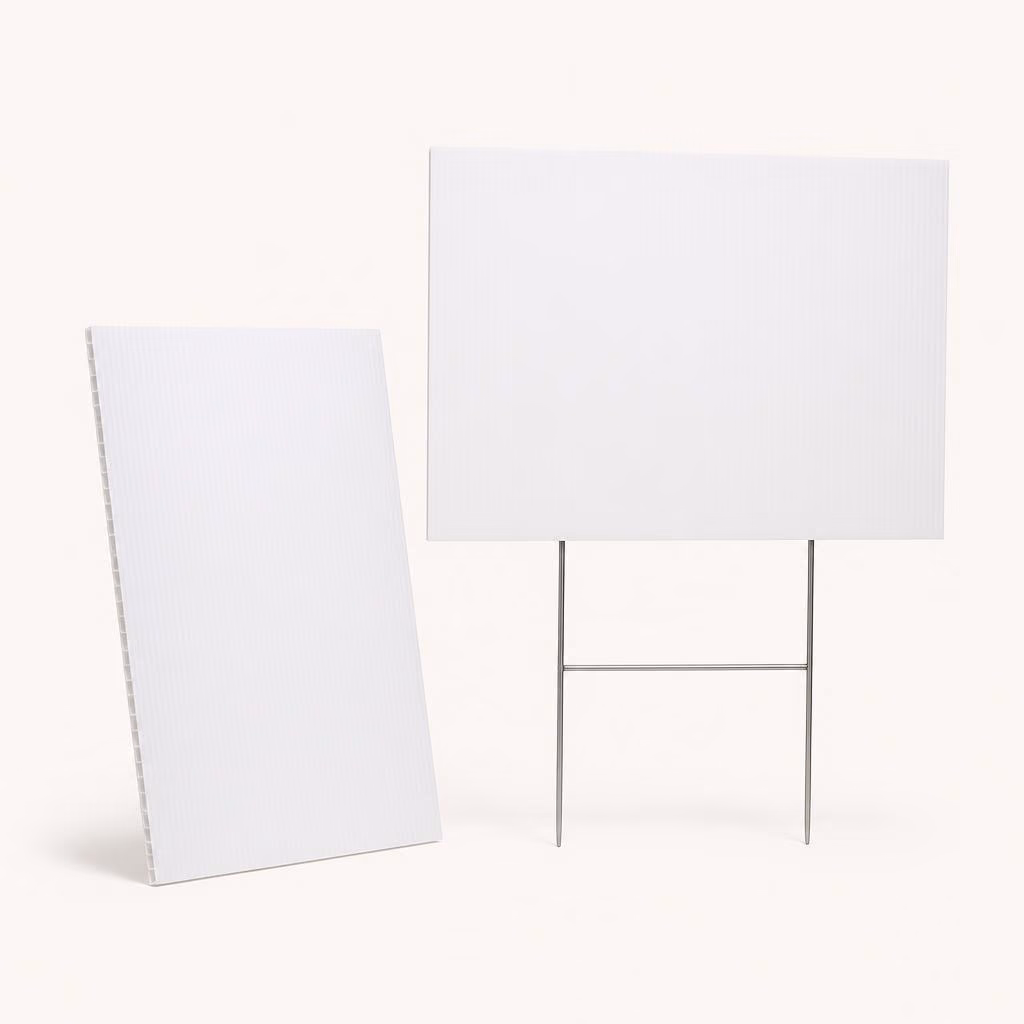 4 mm coroplast yard sign with an H-stake wire frame showing the fluted edge, product photo