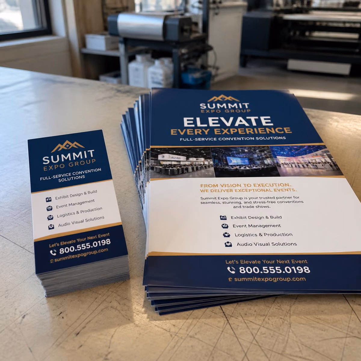 Stacks of full-color convention flyers and rack cards, product photo