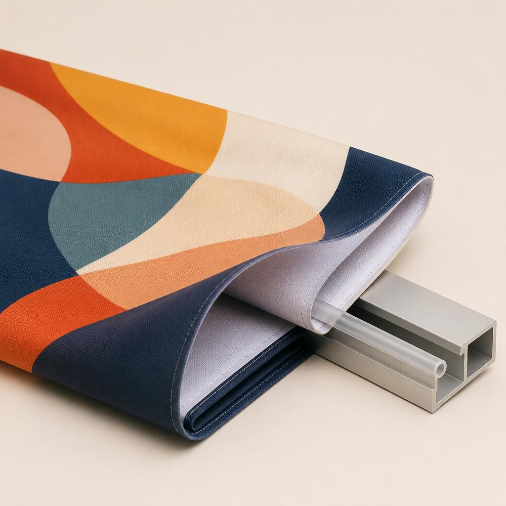 Graphic-only SEG fabric print with the silicone edge welt being fed into a slim aluminum frame groove