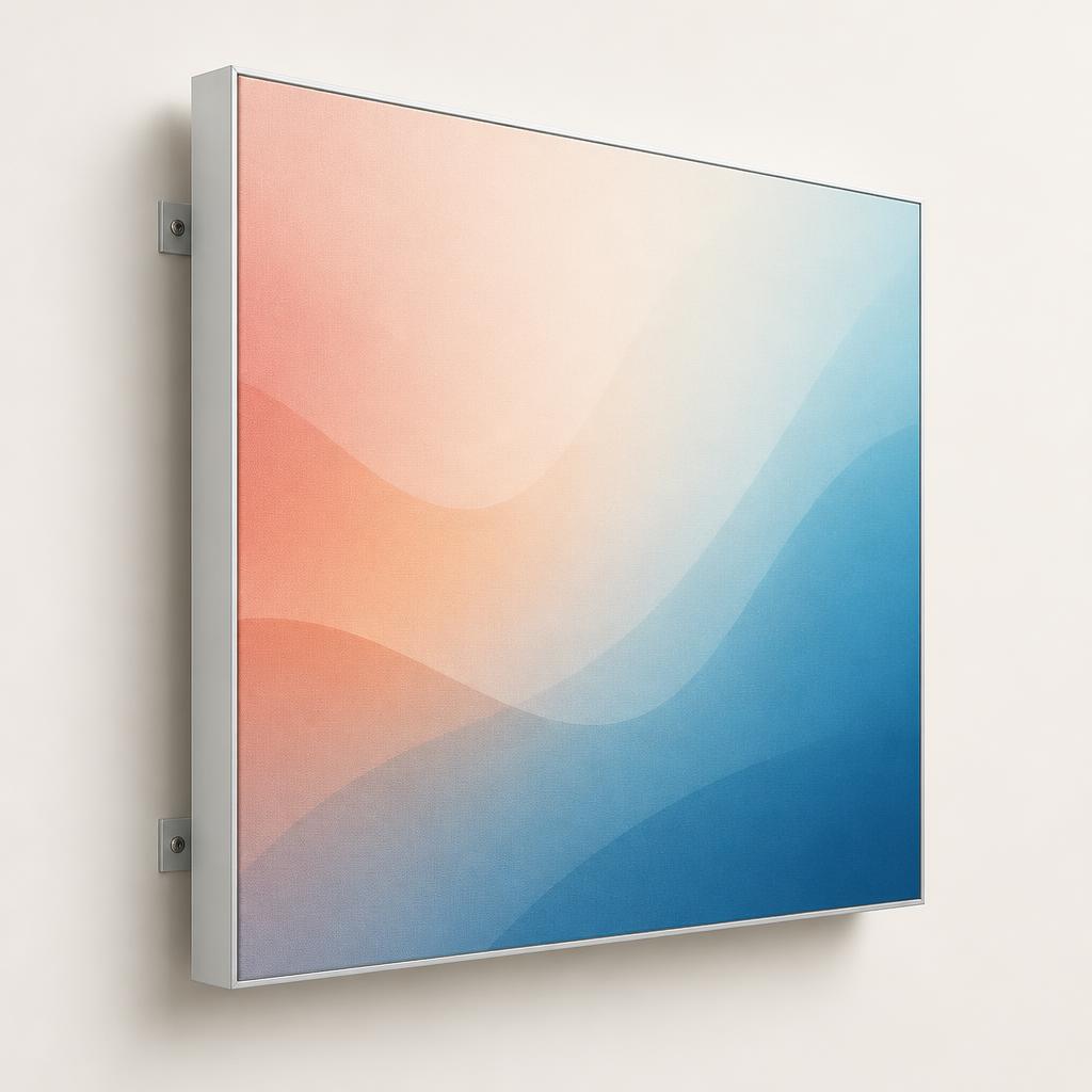 Wall-mounted SEG display with a slim aluminum frame and taut printed fabric graphic on standoff brackets
