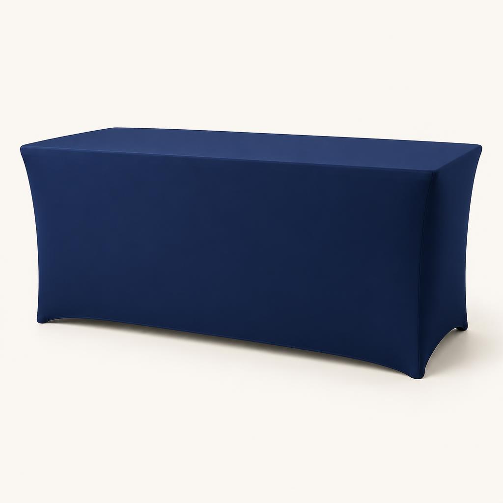 Full-color printed fitted stretch table cover on a 6 ft trade show table, product photo