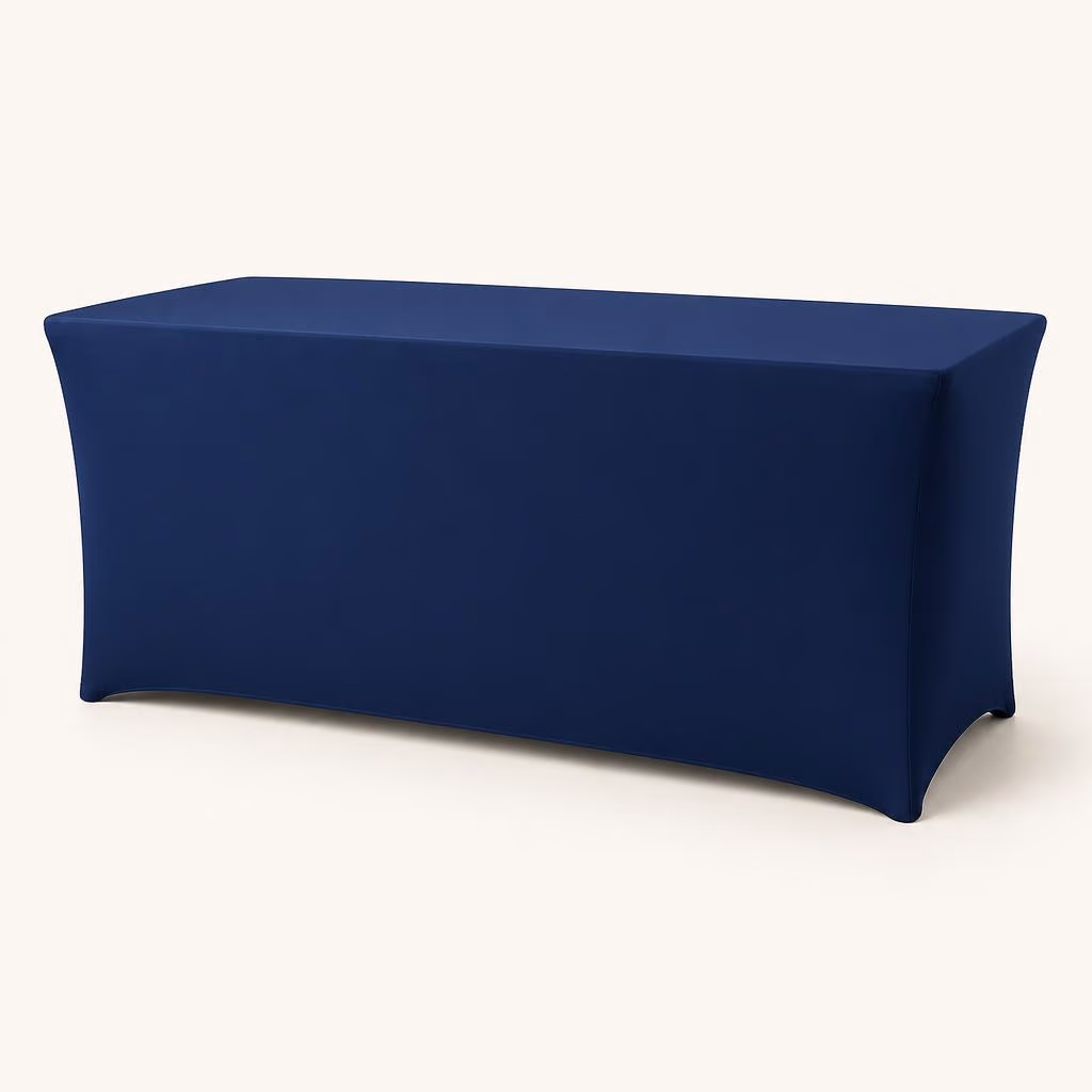 Solid color fitted stretch table cover on a 6 ft folding table