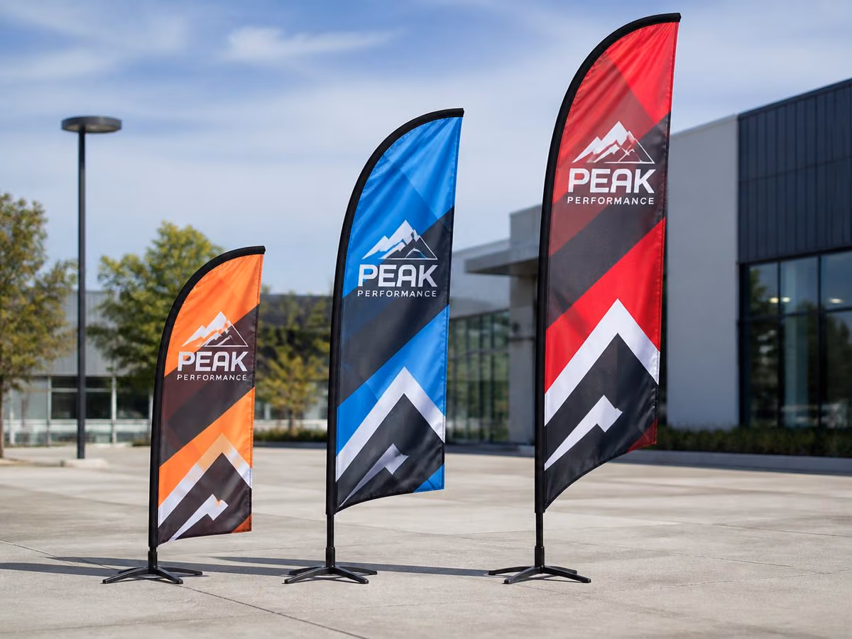 Custom feather flag on a cross base with pole hardware, product photo