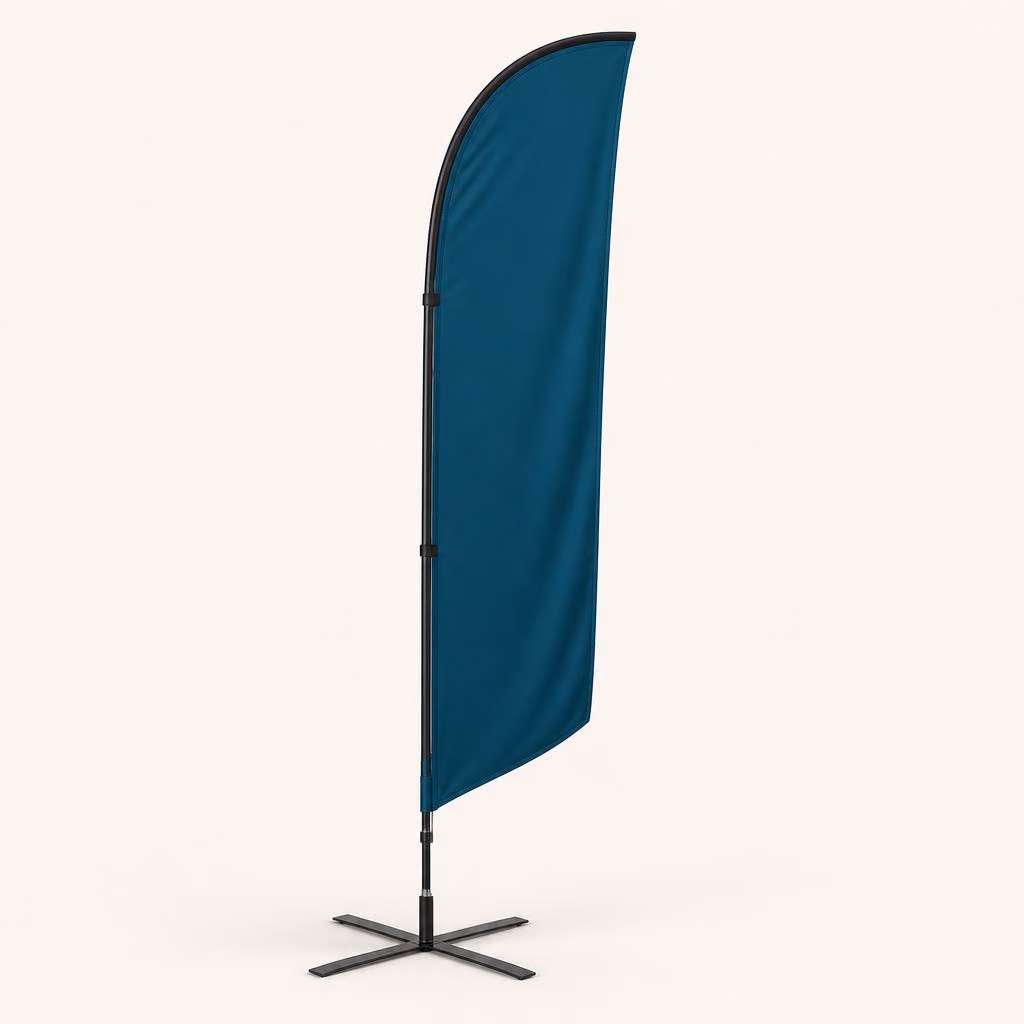 Custom feather flag on a cross base with pole hardware, product photo