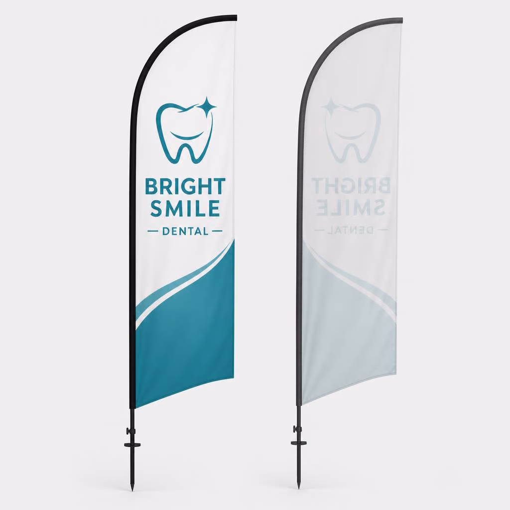 Single-sided printed feather flag showing the vivid branded front face and the faded mirrored back face