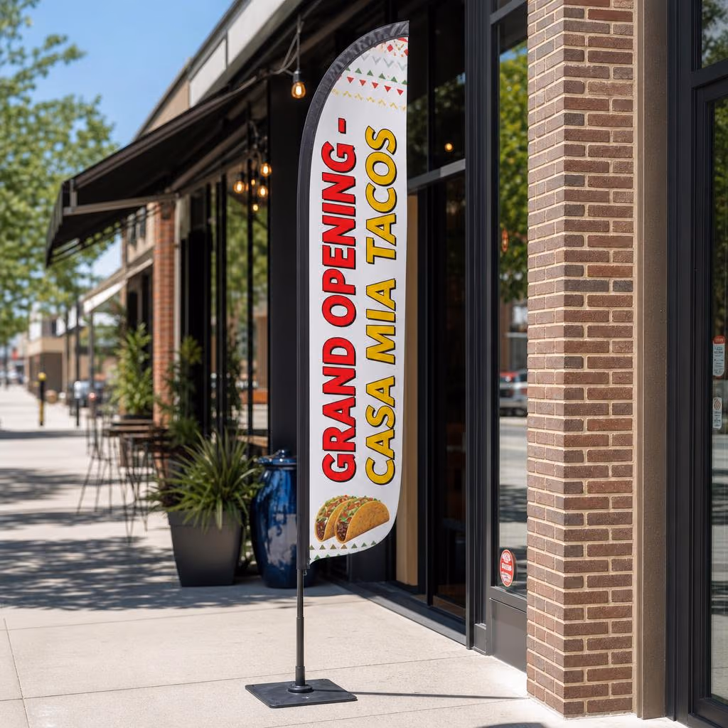Small 23 x 90 in feather flag installed on a sidewalk outside a taco restaurant storefront
