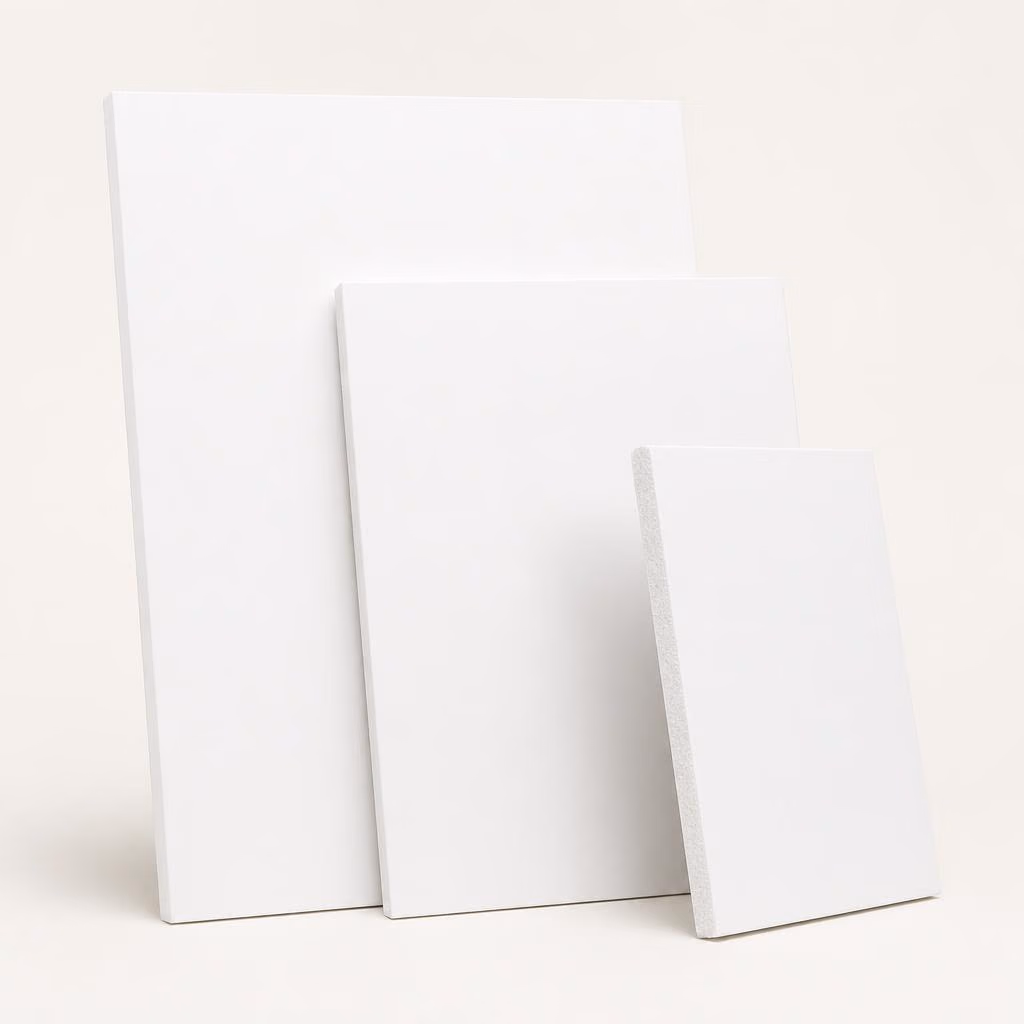 Foam board prints in three sizes showing the white foam core edge, product photo