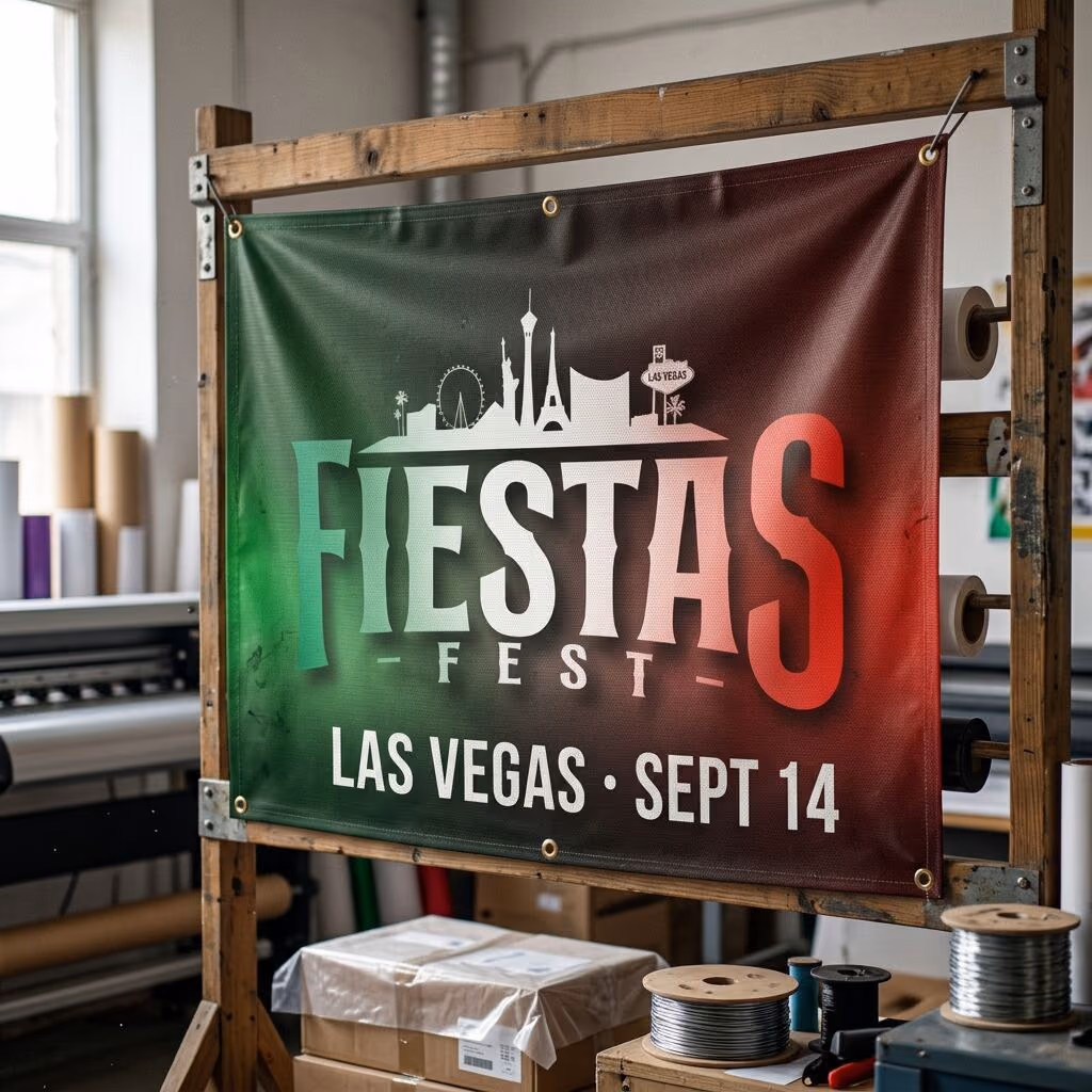 Perforated mesh vinyl banner printed full color with Fiestas Fest Las Vegas event branding and grommeted corners
