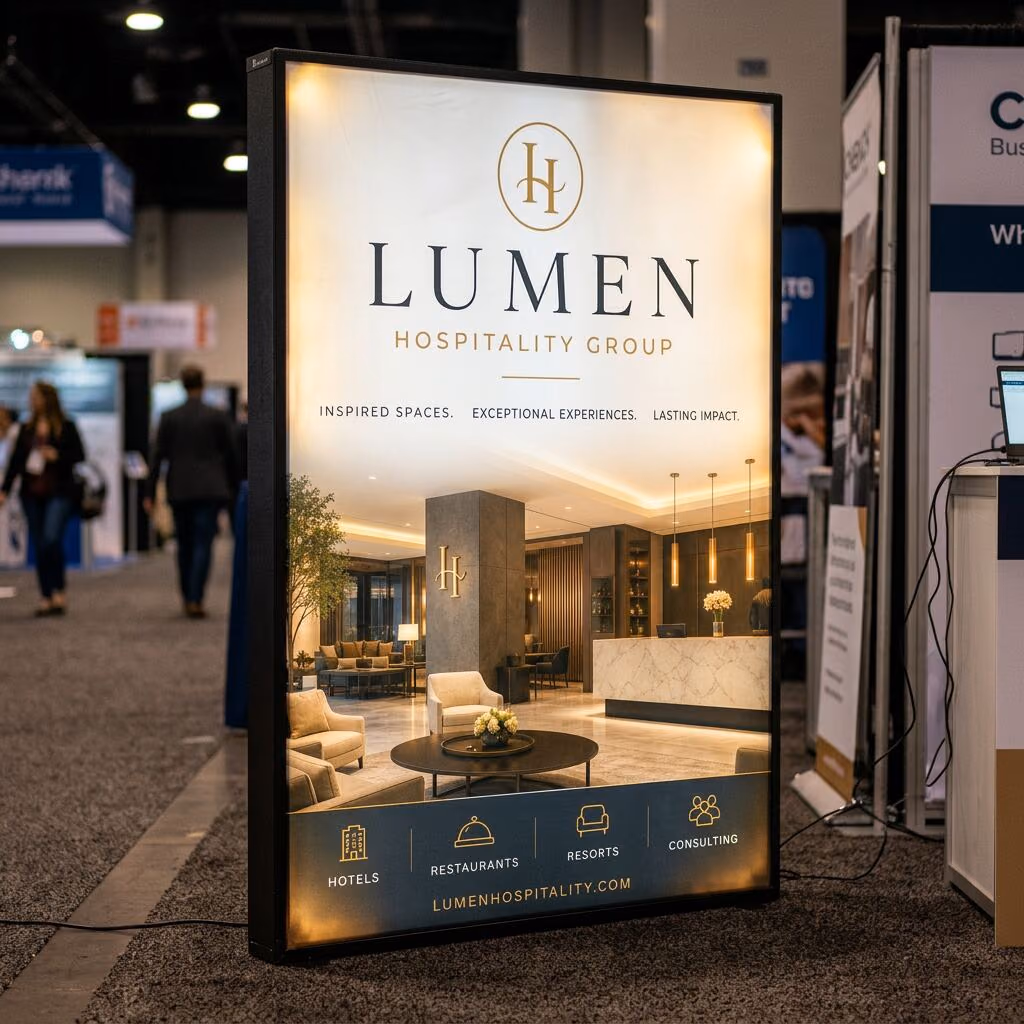 Backlit SEG fabric light box display glowing on a Las Vegas convention floor