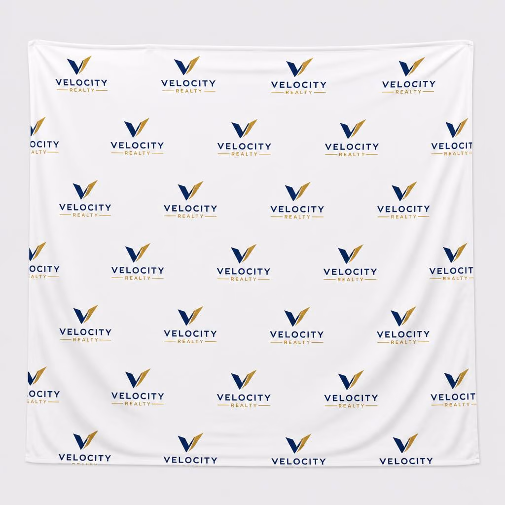 Step-and-repeat backdrop fabric graphic only, printed with a repeating business logo pattern, no stand included