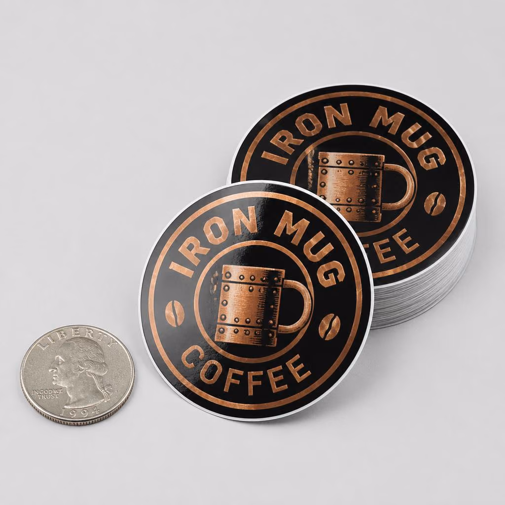 Stack of 2 inch die-cut glossy vinyl business logo stickers next to a coin for scale
