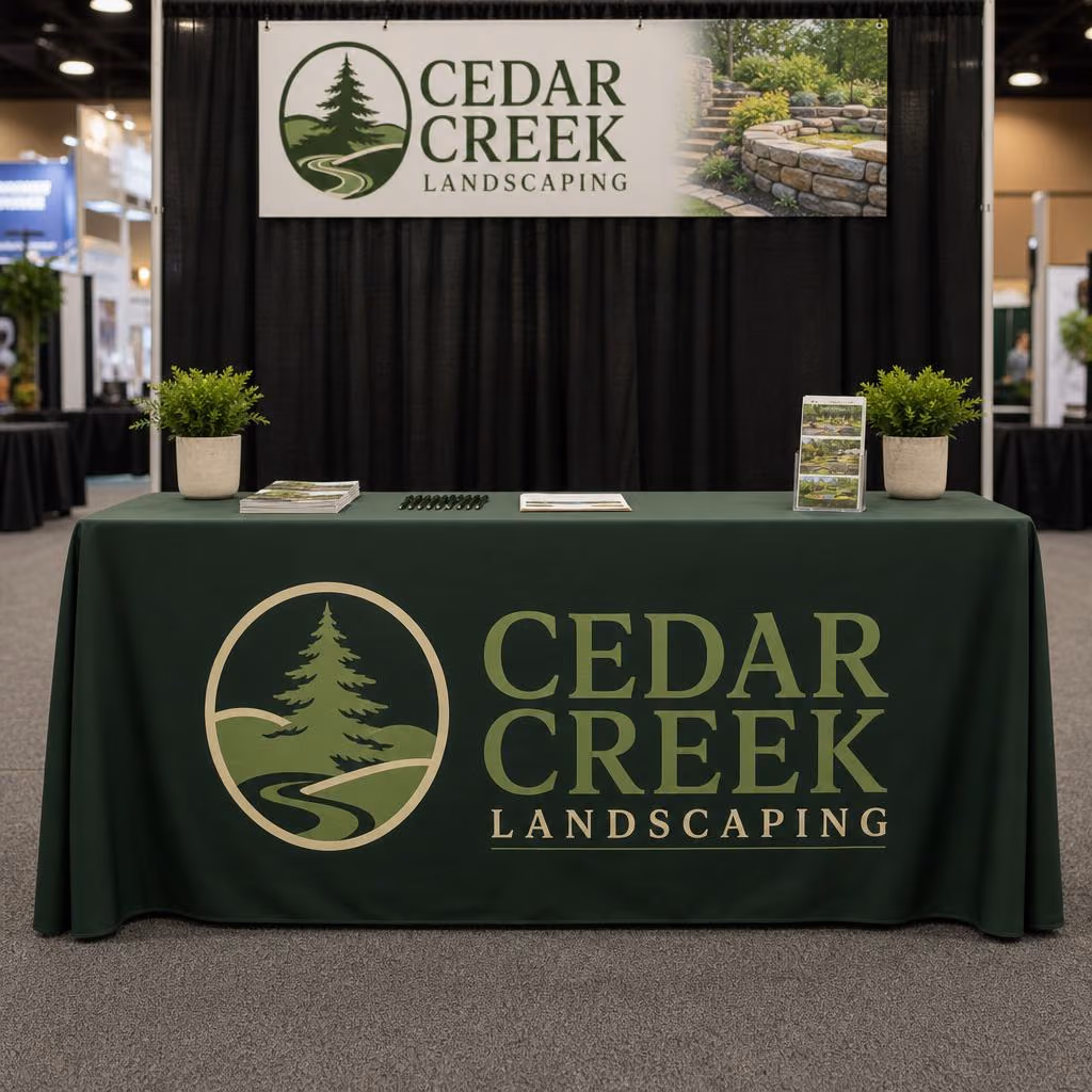6 ft full-throw printed table cover draping to the floor on all four sides of a trade show table