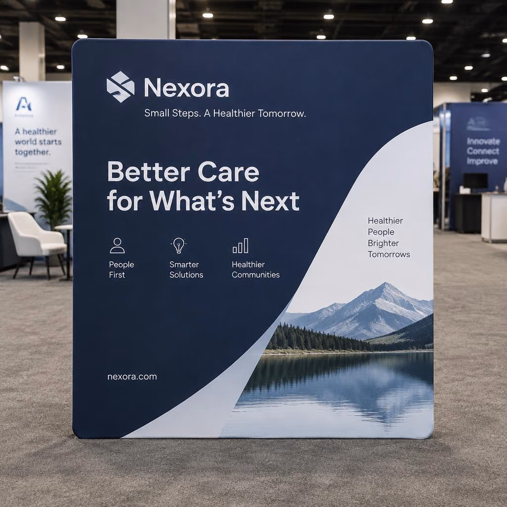 8 ft straight tension fabric display with seamless printed pillowcase graphic at a trade show