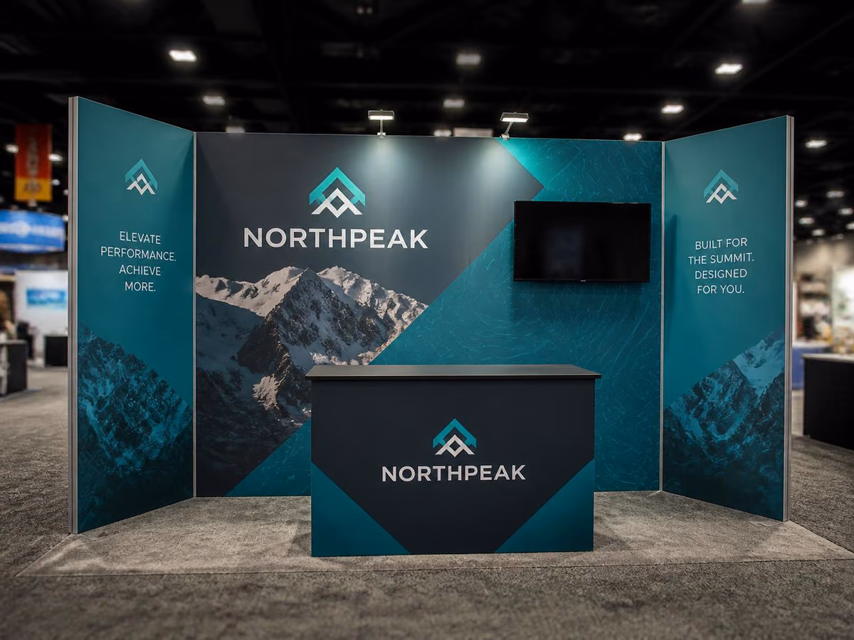 10 ft x 10 ft modular trade show booth kit with printed fabric back wall and counter