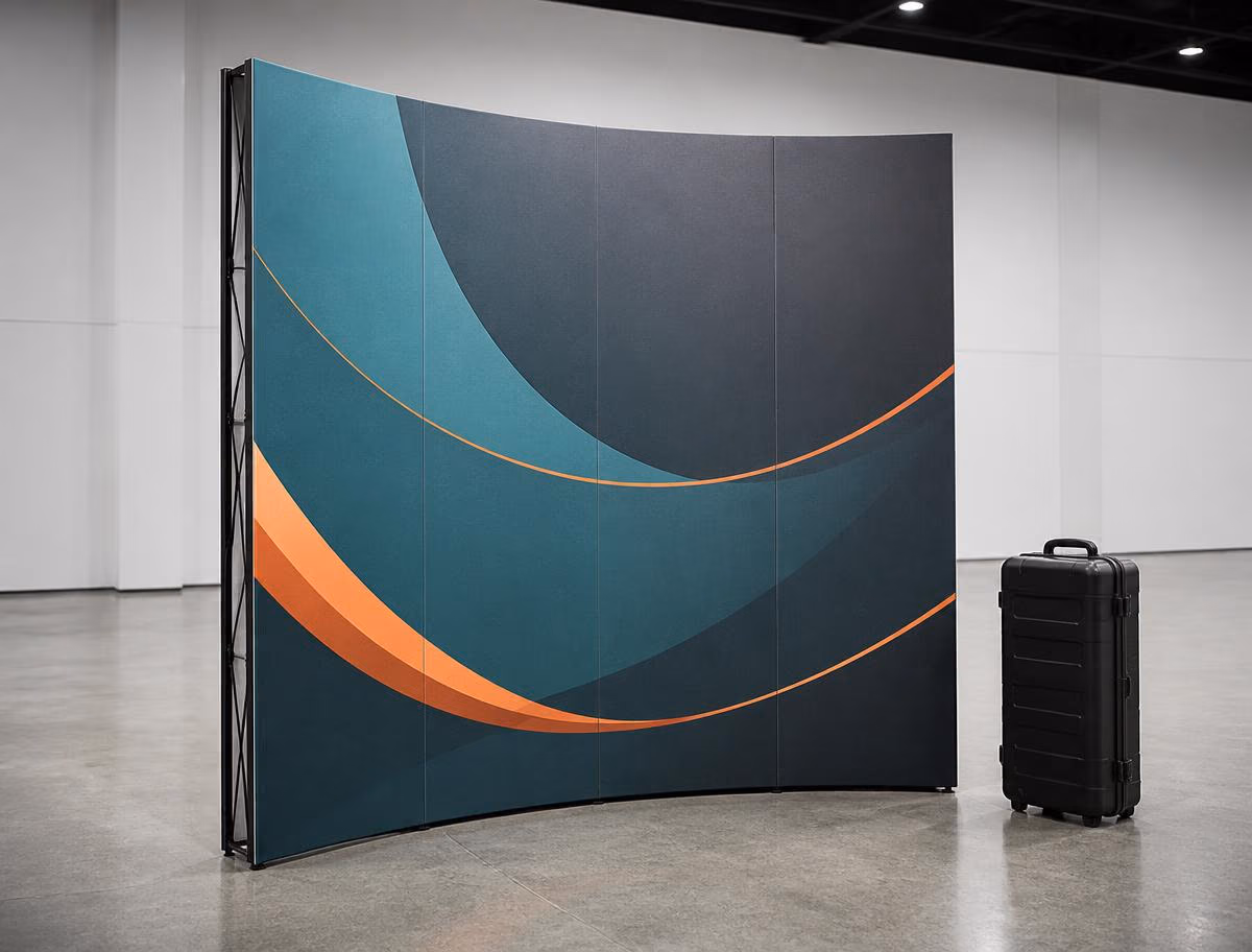 8 ft curved velcro fabric pop up display with four printed panels and wheeled case