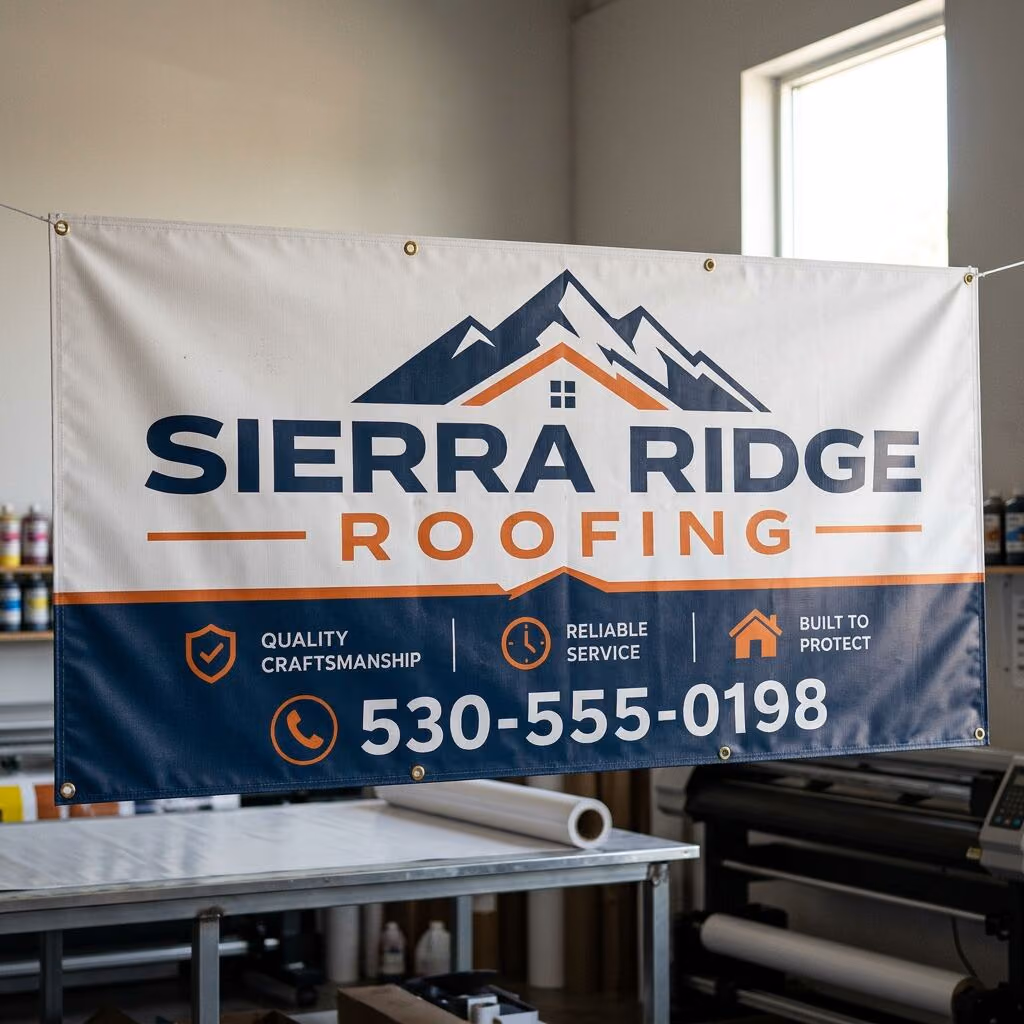 Large 13 oz vinyl banner laid out on the Solid Promo Prints production floor during finishing, showing full-color sponsor logos for a racing event